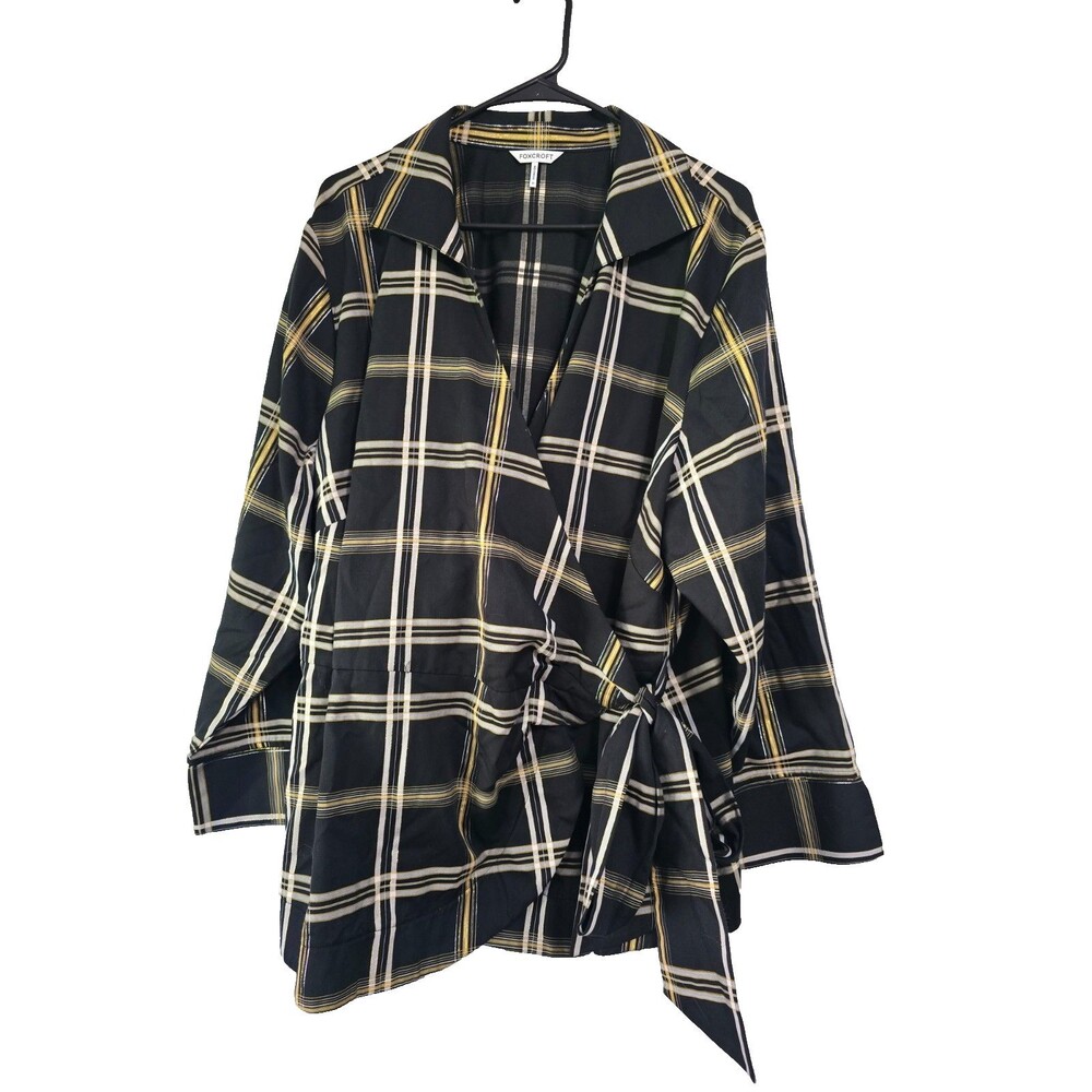 Foxcroft Size 3X Womens Shirt Salina Plaid Wrap Top Black Plaid